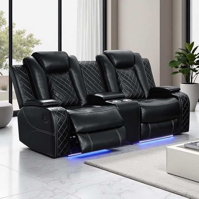 Power Recliner Loveseat, Living Room Furniture Sets, Breathing Leather Reclining Sofa Loveseat, 2 Seater Black Reclining Couch with Cup Holders/Storage/Charging for Living Room/Office, Black