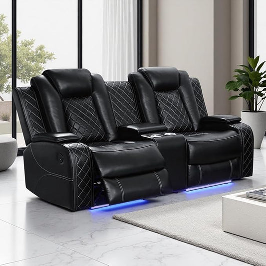 Power Recliner Loveseat, Living Room Furniture Sets, Breathing Leather Reclining Sofa Loveseat, 2 Seater Black Reclining Couch with Cup Holders/Storage/Charging for Living Room/Office, Black