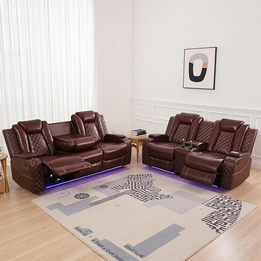 Power Recliner Sofa Set for Living Room, Leather Reclining Sofa Sets with Storage Console, Living Room Furniture Sets with LED Lights(Sofa and loveseat,Wine)