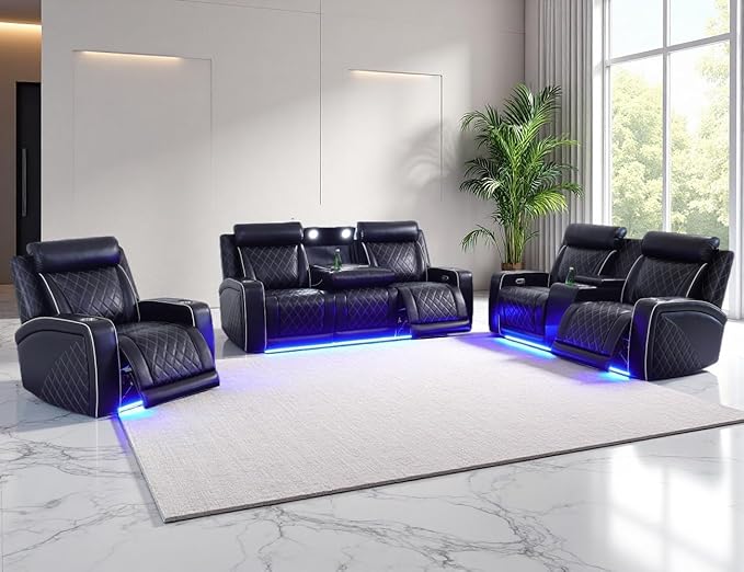 Power Recliner Sofa Set, Home Theater Recliner Couch Set, Breathing Leather Reclining Couch Loveseat with Cupholders/Storage/LED Lights, 3PCS Living Room Furniture with 5 Reclining Seats,Black