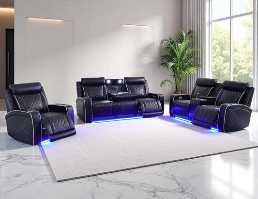 Power Recliner Sofa Set, Home Theater Recliner Couch Set, Breathing Leather Reclining Couch Loveseat with Cupholders/Storage/LED Lights, 3PCS Living Room Furniture with 5 Reclining Seats,Black