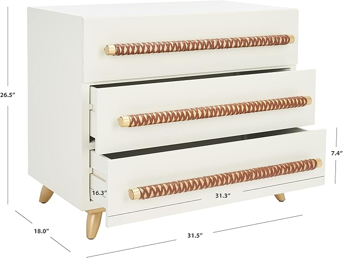 SAFAVIEH Home Collection – Raquel White 3 Drawer Chest, Mid-Century Style Dresser with Faux Leather Wrapped Drawer Pulls (CHS6602C)