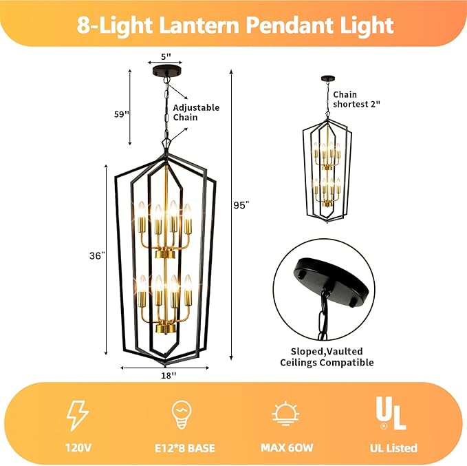 WJShome 8-Light Lantern Tiered Pendant Light Fixtures, Black and Gold Farmhouse Chandelier, Foyer Chandeliers for High Ceilings, for Dining Room, Living Room, Entryway, Staircase