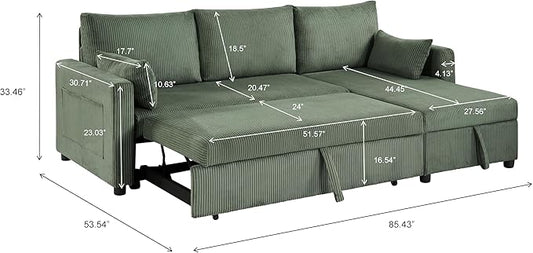 Sectional Sleeper Sofa with Pull Out Bed, L Shape Convertible Sofa Bed Couch with Storage Chaise, 3 in 1 Pull Out Sofa Bed with 3 Seats for Living Room,Apartment, Green, 85Inch