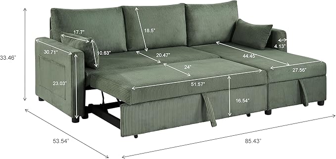 Sectional Sleeper Sofa with Pull Out Bed, LShape Convertible Sofa Bed Couch with Storage Chaise, 3 in 1 Pull Out Sofa Bed with 3 Seats, for Living Room,Apartment, Green, 85Inch