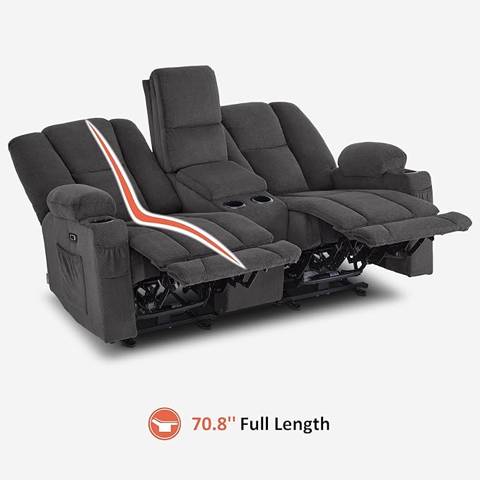 MCombo Zero Gravity Power Loveseat Sofa with Console, Heat and Massage, Reclining Loveseat for Living Room, Fabric 6035SET (Grey, Loveseat with Console)