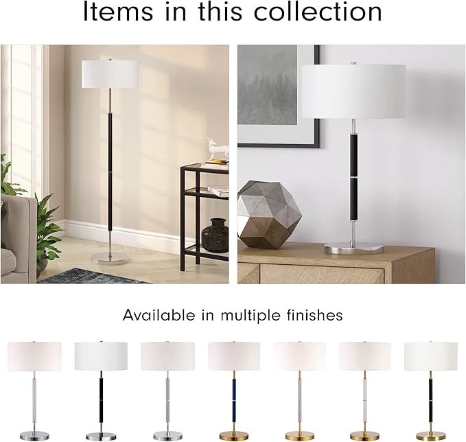 Henn&Hart 2-Light Floor Lamp with Fabric Shade in Cool Gray/Polished Nickel/White, Floor Lamp for Home Office, Bedroom, Living Room , 61" Tall