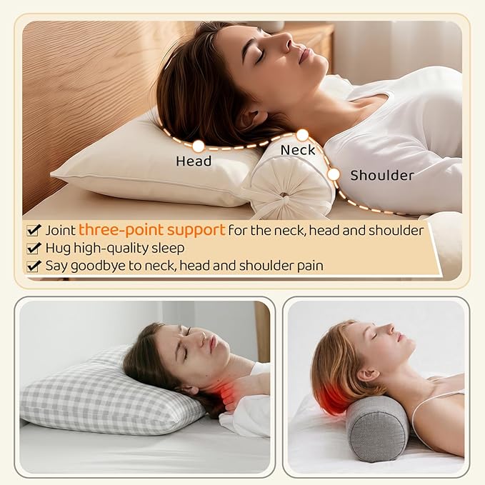 Buckwheat Pillow - 3 Point Support Buckwheat Hull Pillow for Less Pain, 2IN1 Tartary Buckwheat Neck Roll Pillow for Best Support, Adjustable Cervical Neck Pillow with Organic Cotton Pillowcase