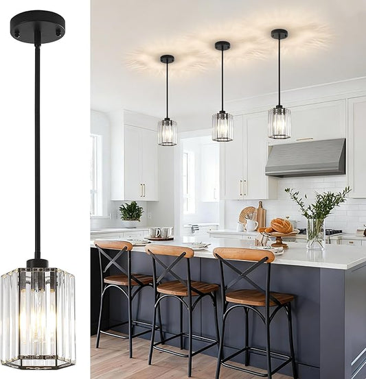 Crystal Pendant Lights for Kitchen Island, Modern Black Kitchen Hanging Pendant Light Fixtures, Black Hexagonal Mini Crystal Chandeliers for Dining Room, Hallway, Foyer, Entryways