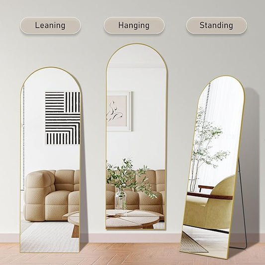 OLIXIS Arched Full Length Mirror for Bedroom, 68"x26" Full Body Mirror with Stand, Hanging or Leaning for Wall, Aluminum Alloy Thin Frame Floor Standing for Living Room, Long, Gold