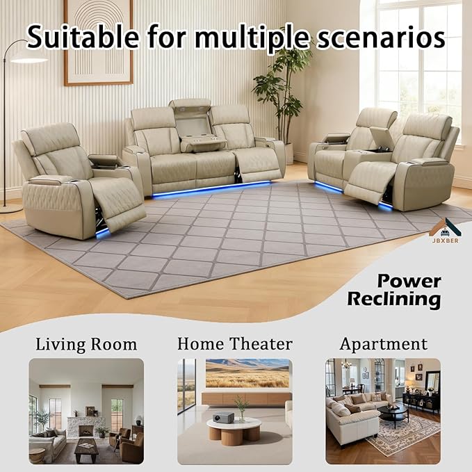 Power Reclining Sofa Set for Living Room, Leather Recliner Couch Set with Drop-Down Table, Power Pads, Cup Holders, Storage Console for House/Home Teather(Sofa, Loveseat and Chiar, Beige)