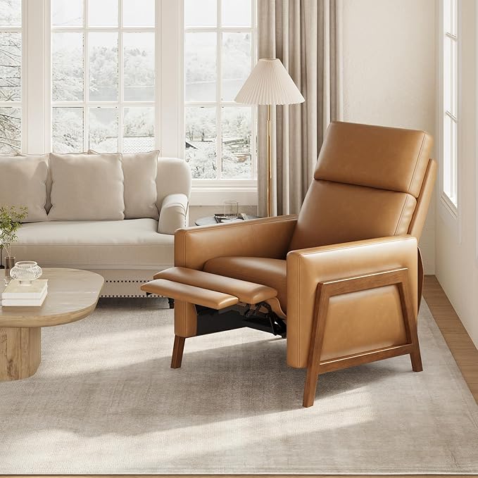 COLAMY Push Back Recliner Chair, Upholstered Leather Recliner with Footrest 118-150 Degree Adjustable, Comfy Modern Wingback Recliner for Living Room, Bedroom,Small Spaces,Camel