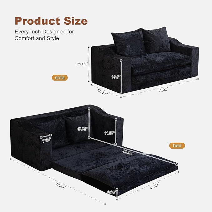 61" Convertible Sofa Bed Loveseat, Memory Foam Boneless Floor Couch with Removable Plush Velvet Cover, Tri-folding Compact Full-size Sleeper for Small Living Room, Playroom, Guest Room, RV (Black) | Convertible Sofa Bed, Premium Memory Foam, Ergonomic ...
