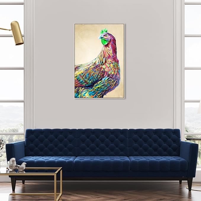 Country Farmhouse Canvas Print Painting Animal Wall Art 'Fun Colorful Glam Rooster' Champagne Framed Canvas Rustic Home Décor 24x36 in Pink, Green by Oliver Gal