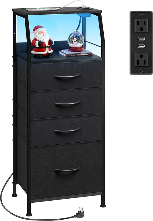 WLIVE Night Stand with Charger Station, LED Nightstand with 4 Fabric Drawers and Storage Shelf, Tall Dresser for Bedroom, 37.48" H Bedside Table with 3 USB Ports and Outlets, Black