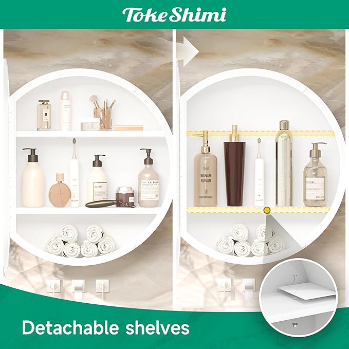 TokeShimi 24 Inch Round Bathroom Medicine Cabinet with Mirror Surface Mount Only Circular White Framed Farmhouse Medicine Cabinets for Wall Small Circle Mirrored Bath Cabinet with Vanity Mirror