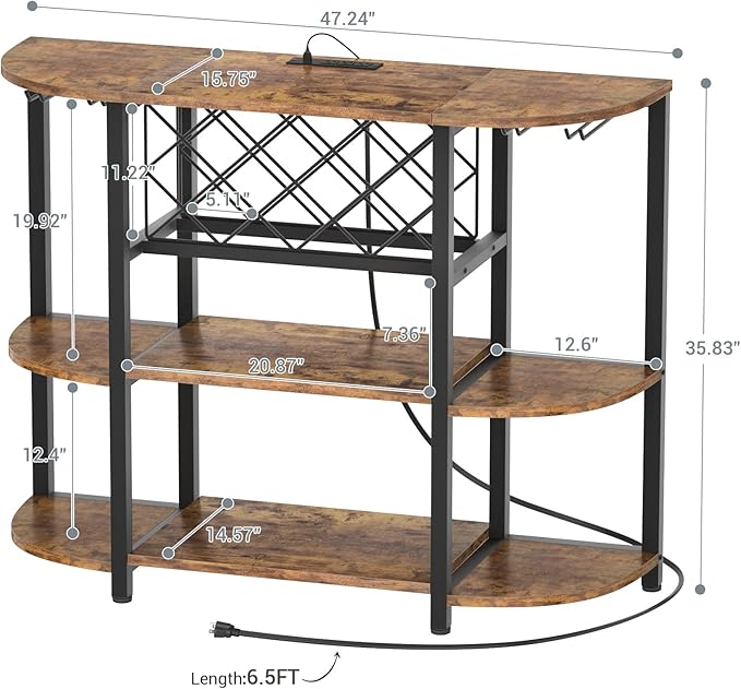 Unikito Wine Rack Table with Socket and LED Light, Floor Bar Cabinet for Liquor and Glasses, Wood Coffee Bar Table with Adjustable Wine Rack, FreeStanding Sideboard and Buffet Cabinet, Rustic