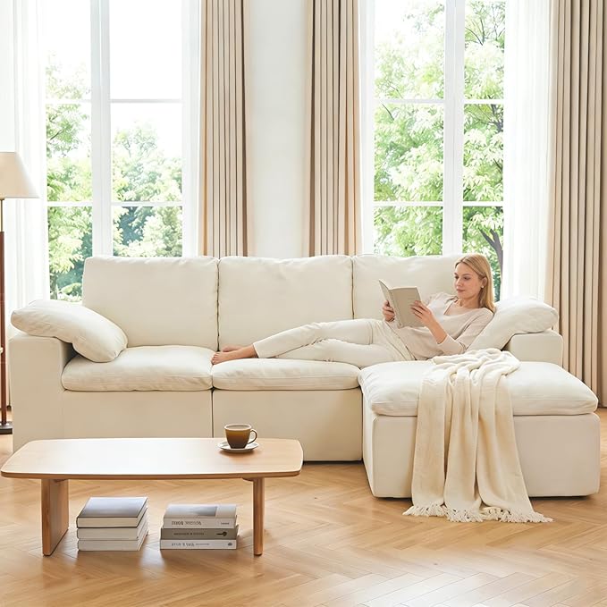 HonTop 110" L Shaped Modern Sofa Boneless Modular Sectional Cloud Couch with Ottoman, 4-Seat Chenille Deep Seat Sofa for Living Room, Bedroom and Apartment, No Assembly, Beige | No Assembly Required, 30" Deep Seat, Family Pet-Friendly, Flexible Modular...
