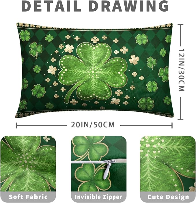 St Patricks Day Shamrock Lumbar Throw Pillow Covers 12x20 Set of 2 Green Buffalo Plaid Check Lucky Clovers Outdoor Decorative Pillow Covers Spring Rustic Pillow Cases for Farmhouse Living Room Decor