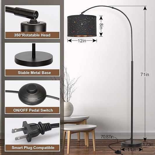 Modern Arc Floor Lamp, Tall Pole Lamp with Black Stars Lampshade, Arched Reading Light with Adjustable Lamp Head, Over Couch Hanging Light Corner Lamp for Living Room, Bedroom, Office, Black