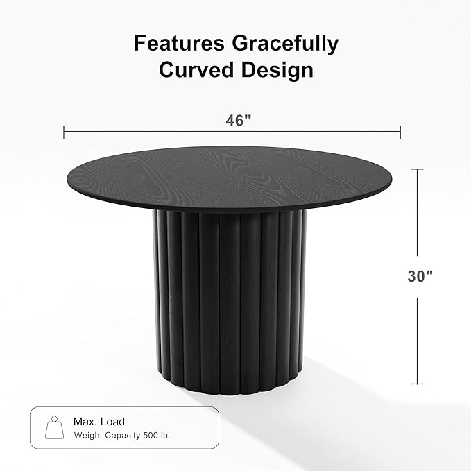 Casaphoria 46" Round Dining Table, Modern Wood Kitchen Table with Wide Column Pedestal Base for Living Room & Dining Room, Easy Assembly Farmhouse Furniture for 4-6, Black