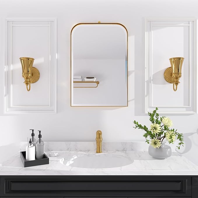 POZINO Brushed Gold Beveled Mirror, 20"x30" Vanity Wall Mirror for Over Sink, Stainless Steel Frame Mirrors with for Bathroom Bedroom Living Room Entryway Hallway Fireplace