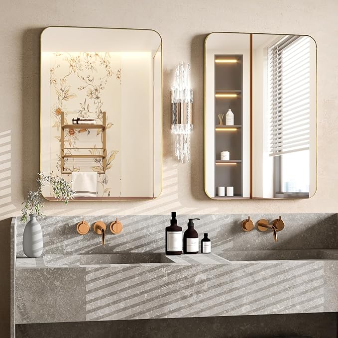 Manocorro Bathroom Mirror,2-Pack 20 x 28 Inch Gold Wall Mount Mirror,Frame Vanity Mirror with Round Corner for Bedroom Living Room, Entryway Hangs Horizontal or Vertical