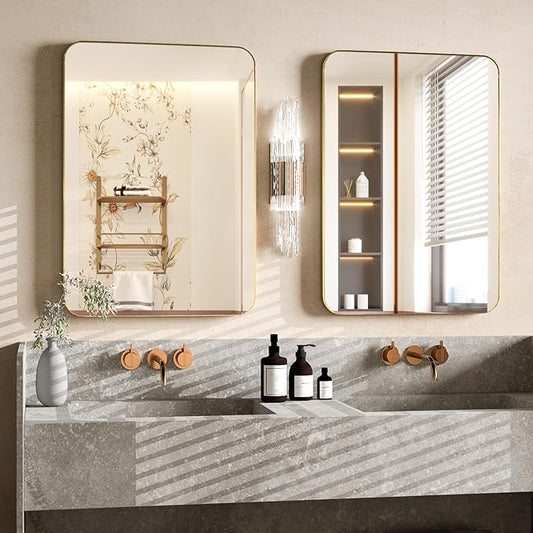 Manocorro Bathroom Mirror,2-Pack 20 x 28 Inch Gold Wall Mount Mirror,Frame Vanity Mirror with Round Corner for Bedroom Living Room, Entryway Hangs Horizontal or Vertical