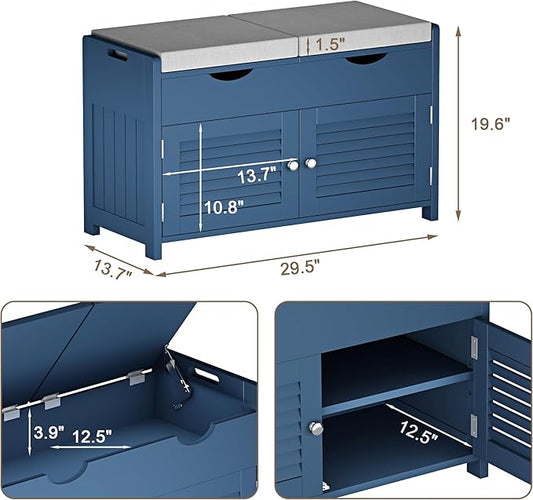ChooChoo Shoe Storage Bench with Lift Top Storage, Entryway Bench with 2 Cushioned Seats, 3 Compartments, Adjustable Shelf, Shoe Cabinet for Entryway, Bedroom, Living Room, Blue