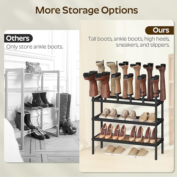 Free Standing Shoe Rack, 4 Tier Boots Rack Organizer, Tall Boots Rack for Closet, Cowboy Boot Storage, Holds 14 Pairs, Black and Rustic Brown SS29BR