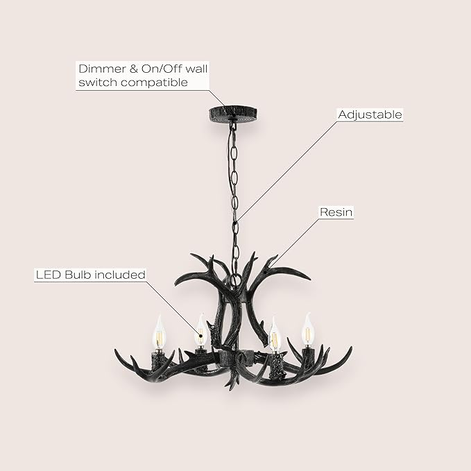 JONATHAN Y 26" Black Rustic Resin Antler 4-Light LED Chandelier, Farmhouse Faux Deer Horn Hanging Ceiling Light for Dining Room, Kitchen Island, Adjustable Light Fixture (JYL6301D)