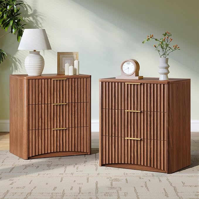 Evermagin Fluted Nightstand Set of 2, Walnut Bedside Table with 3 Drawers, Wood End Table with Storage Mid Century Modern, Large Night Stand for Bedroom