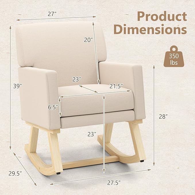 Giantex Upholstered Rocking Chair, Nursery Rocking Chair w/Widened Back, Machine-Washable Seat Cushion Cover, Solid Rubber Wood Frame, Glider Rocker Accent Chair for Living Room, Bedroom, Beige