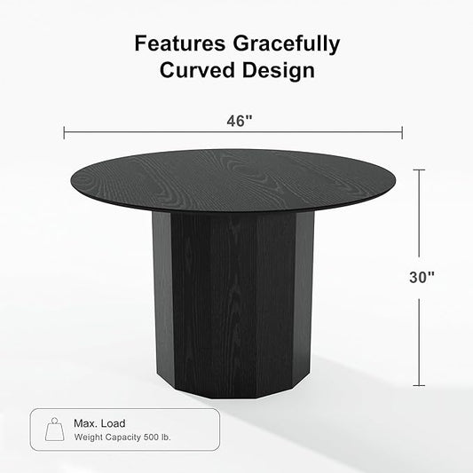 Casaphoria 46" Round Dining Table, Modern Wood Kitchen Table with Cylinder Polygonal Base for Living Room & Dining Room, Easy Assembly Farmhouse Furniture for 4-6, Black
