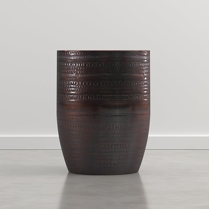 SIMPLIHOME Johnsen Tribal Accent Table – 15 inch Wide Round Metal Drum Side Table in Dark Bronze, Rustic Boho Accent Table for Living Room with Embossed Tribal Pattern, Assembled