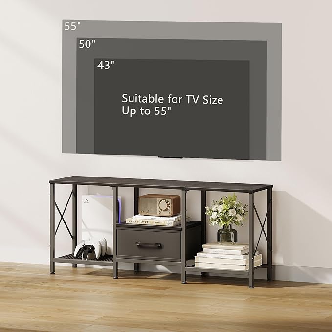 TV Stand with Fabric Drawer, Entertainment Center for 50 55 Inch TV, Industrial TV Console Table with Open Storage Shelves for Living Room, Bedroom, Black