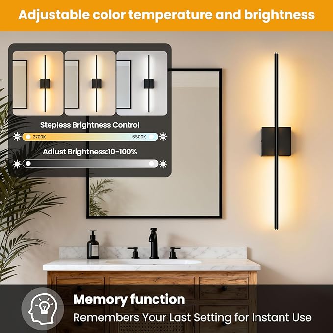 ZZXX Hardwire Wall Sconce Set of 2, 100-240V Wall Lights with Remote Control, Bathroom Wall Lamp for Living Room Bedroom Mirror Cabinet Porch Decor 350°Horizontal Rotation 28 inch