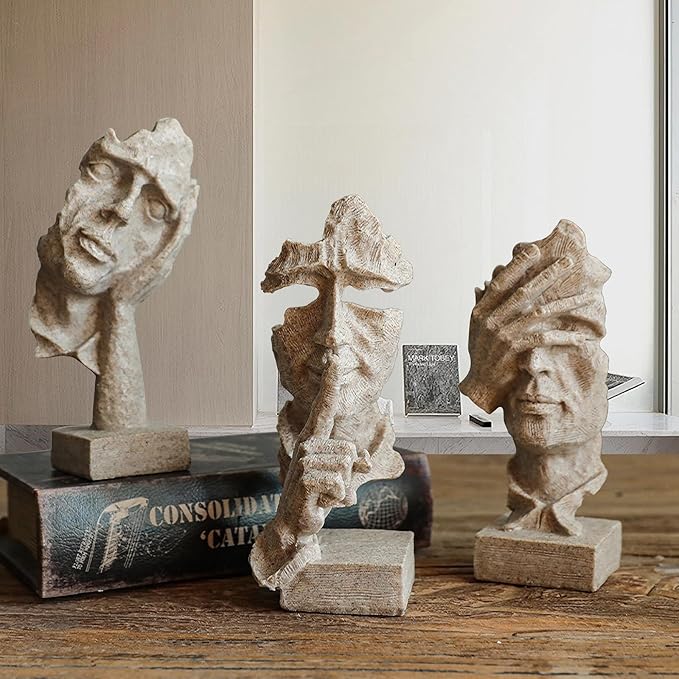 3 Pcs Thinker Statue, Silence is Sandstone Abstract Art Figurine, Modern Home Resin Decorative Objects Decor for Home Office Bookshelf Desktop,No Hear No See No Speak Knick Knacks