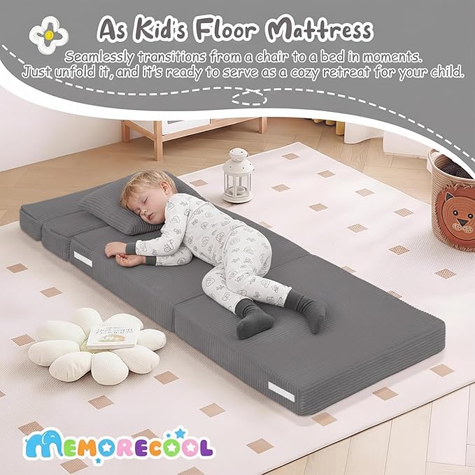 MeMoreCool Kids Folding Sofa Chair – Corduroy Floor Futon, Tri-Fold Mattress, Dark Grey, Portable, Washable Cozy Fold-Out Floor Couch | Foam Lounger for Sitting, Reading, Playroom, Travel