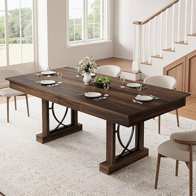 GarveeHome 71-Inch Rectangular Dining Table with Two Drawers, Wooden Kitchen Table w/Large Tabletop & Sturdy Frame, Large Dining Table for 6-8 with Double Pedestal, for Dining Room, Office