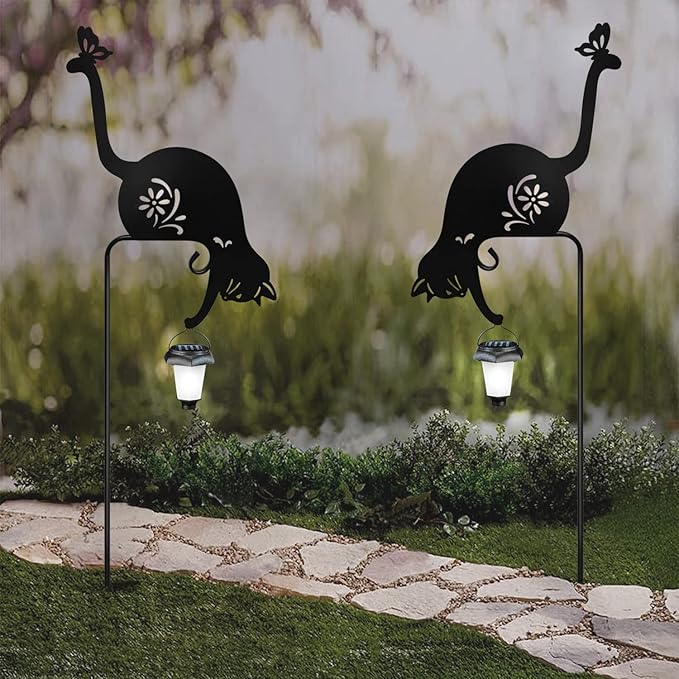 Cat Holding Lantern Garden Stakes Solar Garden Cats Metal cat Solar Lantern Decorative Garden Stakes for Yard, Lawn, Patio, Pathway