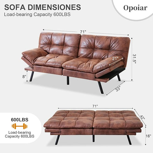 Opoiar Leather Brown Futon Sofa Bed Convertible Memory Foam Couch Bed Futon Sets Folding Modern Sleeper Sofa Loveseat for Studio,Drom,Apartment,Game Room and Small Space