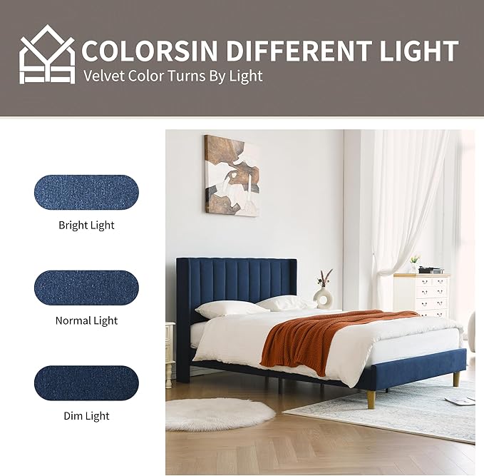 YUHUASHI upholstered Platform Bed Frame/Twin Bed Frame/Modern Geometric Double-Wing Design headboard/Linen Fabric/Easy to Assemble no Noise (Navy Blue, Twin)