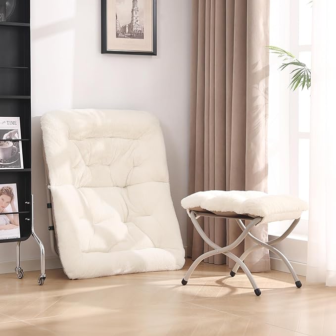 Saucer Chair with Ottoman, Comfy Oversized Folding Chair, Faux-Fur Reading Chair for Adults, Foldable Accent Lazy Chair, Metal Frame Chair for Living Room, Bedroom, Beige