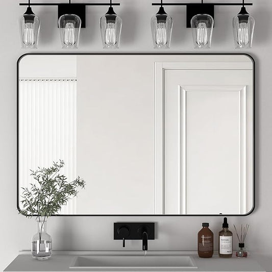 Manocorro Black Bathroom Wall Mirror for Wall,Black 36X24 Inch Rounded Rectangle Mirror,Anti-Rust,Modern Wall Mounted Mirror for Bedroom, Farmhouse,Restroom,Entryway,Horizontal or Vertical Hanging