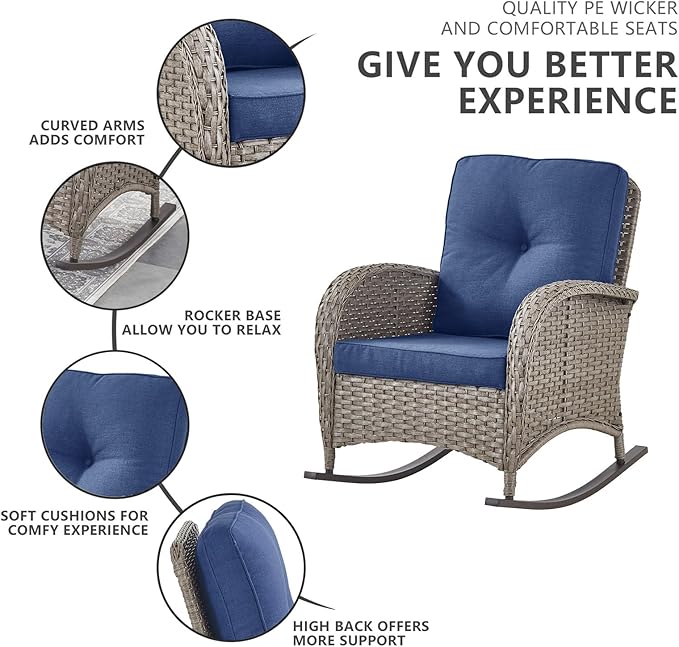 Belord 6 Pieces Wicker Patio Furniture Set with Patio Rocking Chairs, High Back Patio Conversation Set Outdoor Loveseat Glider with Ottoman and Rattan Side Table for Deck Sunroom Backyard