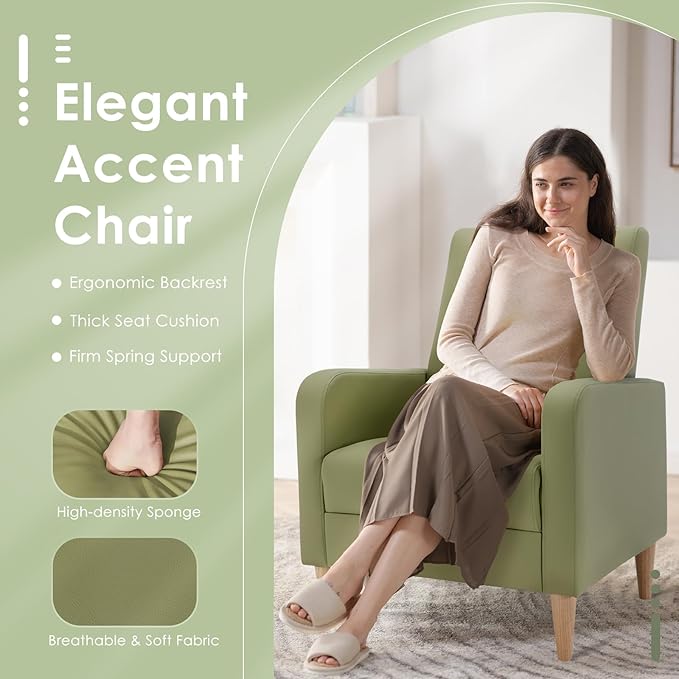 COLAMY Faux Leather Living Room Accent Chair Armchair with Pillow, Reading Side Chair,Single Sofa with Wood Legs, L-Green