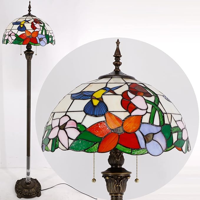 WERFACTORY Tiffany Floor Lamp Hummingbird Amber Stained Glass Standing Reading Light 16X16X64 Inches Antique Pole Corner Lamp Decor Bedroom Living Room Home Office S101 Series