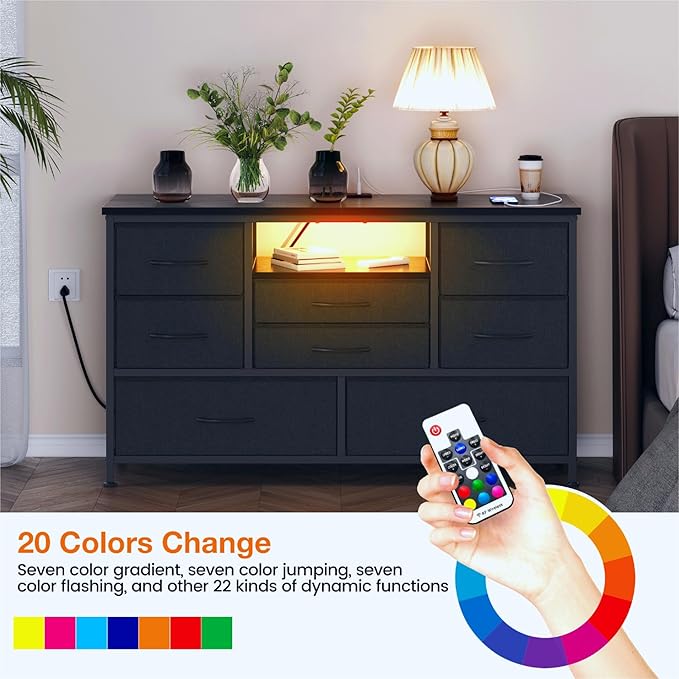 Jojoka 8-Drawer LED Dresser TV Stand with Power Outlet for 55'' TV - Wide Storage Chest for Bedroom, Living Room & Entryway, Wood Top Console Table with 22 Light Modes
