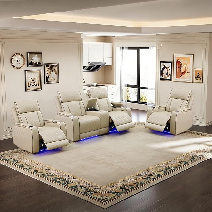 Power Leather Recliner Sofa Set with LED Light,Reclining Loveseat and 2*Chairs Set with Storage Console/USB Port/Cup Holder,Leather Couch for Living Room Furniture Sets(2+1+1 Seats,Beige)